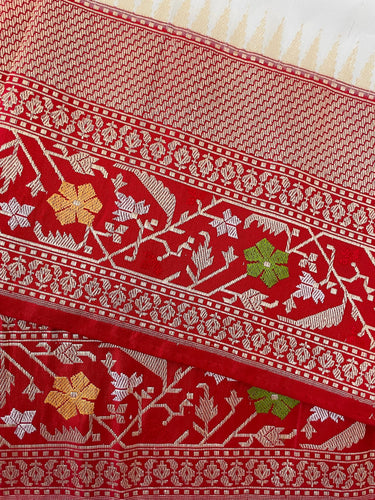 Banarasi Katan Silk Saree | Kadwa weave | Off White & Red | Gold and Silver Zari | Handwoven | Silk Mark Certified | Ships from California